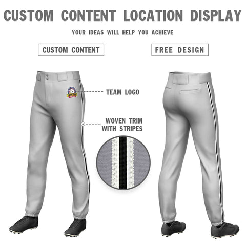Custom Gray White Black-White Classic Fit Stretch Practice Pull-up Baseball Pants