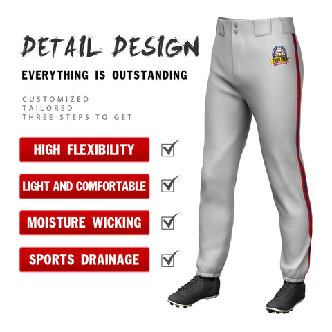 Custom Gray Red Navy-Red Classic Fit Stretch Practice Pull-up Baseball Pants