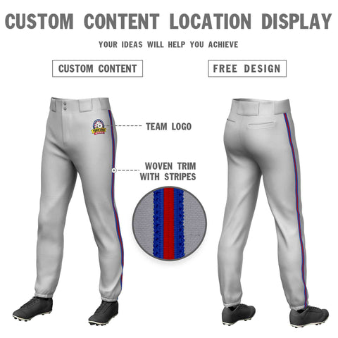 Custom Gray Royal Red-Royal Classic Fit Stretch Practice Pull-up Baseball Pants
