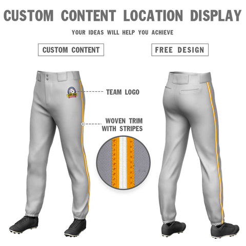 Custom Gray Yellow White-Yellow Classic Fit Stretch Practice Pull-up Baseball Pants