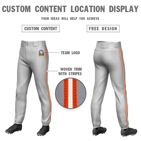 Custom Gray Orange White-Orange Classic Fit Stretch Practice Pull-up Baseball Pants