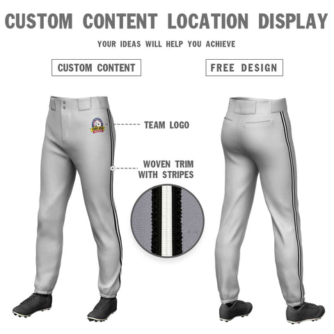 Custom Gray Black White-Black Classic Fit Stretch Practice Pull-up Baseball Pants