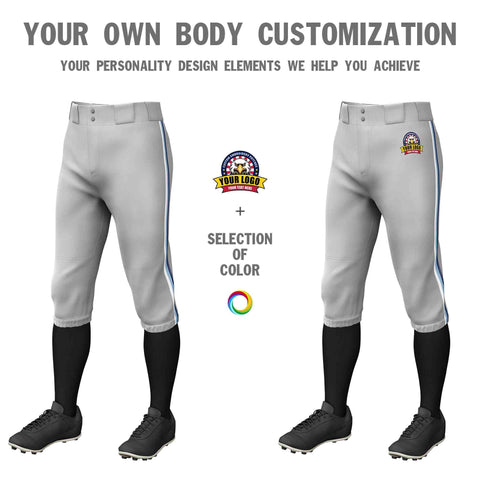 Custom Gray White Light Blue-Navy Classic Fit Stretch Practice Knickers Baseball Pants