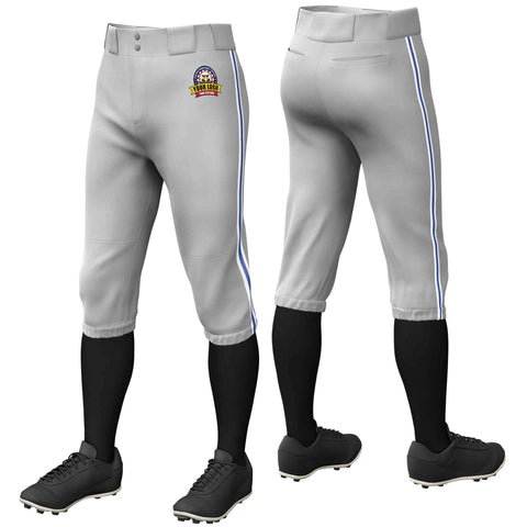 Custom Gray White Royal-White Classic Fit Stretch Practice Knickers Baseball Pants