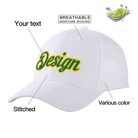 Custom White Kelly Green-Yellow Curved Eaves Sport Design Baseball Cap