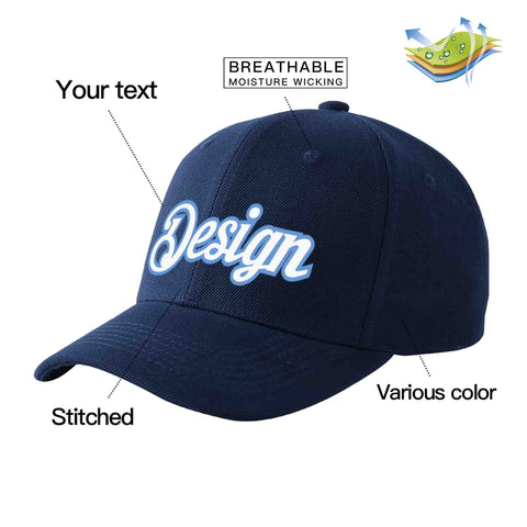 Custom Navy White-Light Blue Curved Eaves Sport Design Baseball Cap