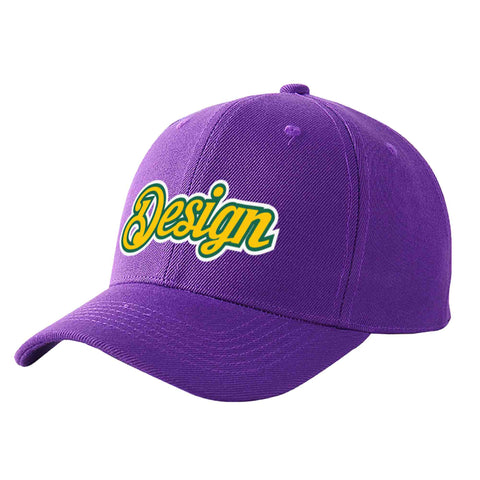 Custom Purple Gold-Kelly Green Curved Eaves Sport Design Baseball Cap