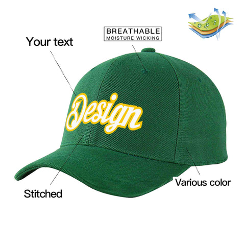 Custom Green White-Gold Curved Eaves Sport Design Baseball Cap