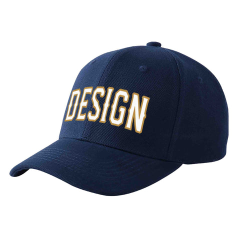 Custom Navy White-Old Gold Curved Eaves Sport Design Baseball Cap