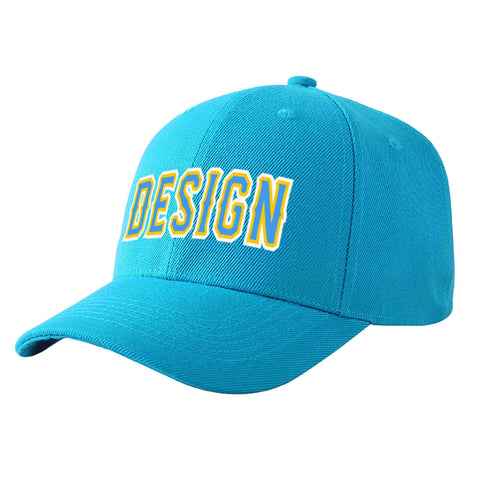 Custom Aqua Powder Blue-Gold Curved Eaves Sport Design Baseball Cap