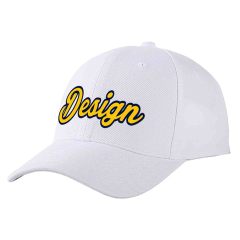 Custom White Yellow-Navy Curved Eaves Sport Design Baseball Cap