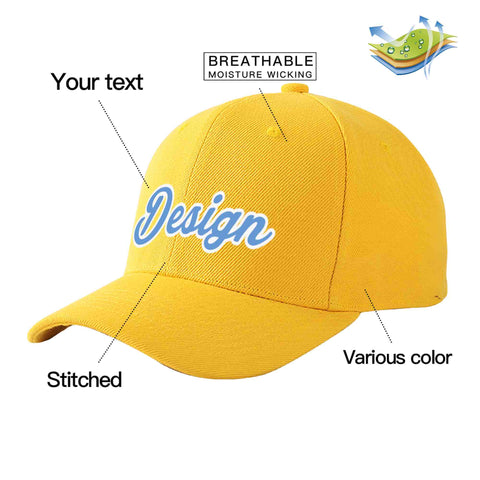 Custom Gold Light Blue-White Curved Eaves Sport Design Baseball Cap