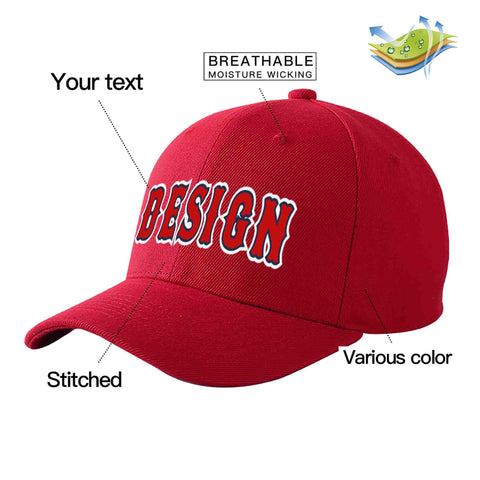 Custom Red Red-Navy Curved Eaves Sport Design Baseball Cap
