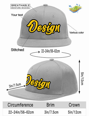 Custom Gray Gold-Black Flat Eaves Sport Baseball Cap Design for Men/Women/Youth