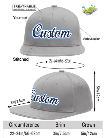 Custom Gray Navy-White Flat Eaves Sport Baseball Cap