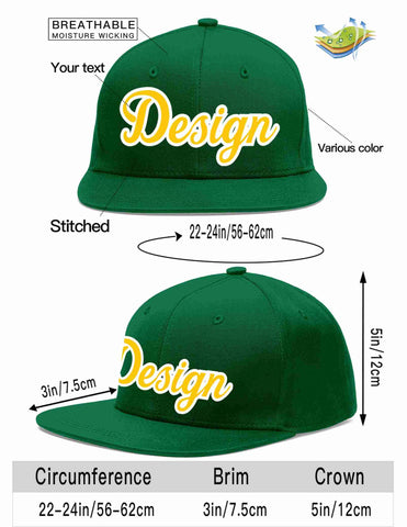 Custom Green Gold-White Flat Eaves Sport Baseball Cap Design for Men/Women/Youth