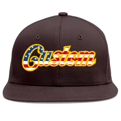 Custom Brown Vintage USA Flag-Gold Flat Eaves Sport Baseball Cap