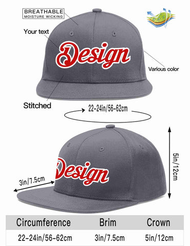 Custom Dark Gray Red-White Flat Eaves Sport Baseball Cap Design for Men/Women/Youth