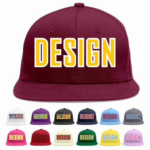 Custom Crimson Gold-White Flat Eaves Sport Baseball Cap Design for Men/Women/Youth