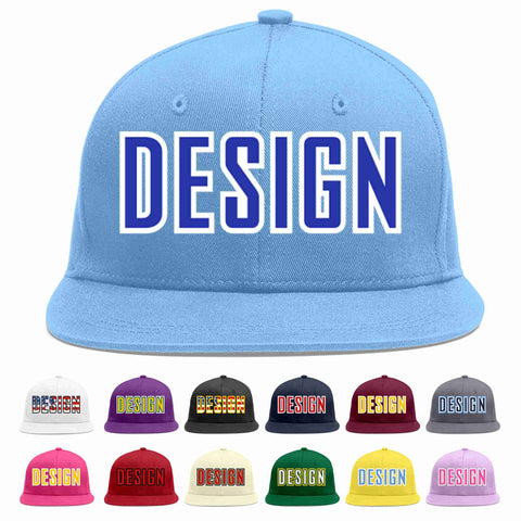 Custom Light Blue Royal-White Flat Eaves Sport Baseball Cap Design for Men/Women/Youth