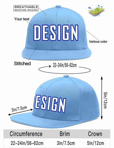 Custom Light Blue White-Royal Flat Eaves Sport Baseball Cap Design for Men/Women/Youth