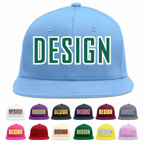 Custom Light Blue Kelly Green-White Flat Eaves Sport Baseball Cap Design for Men/Women/Youth