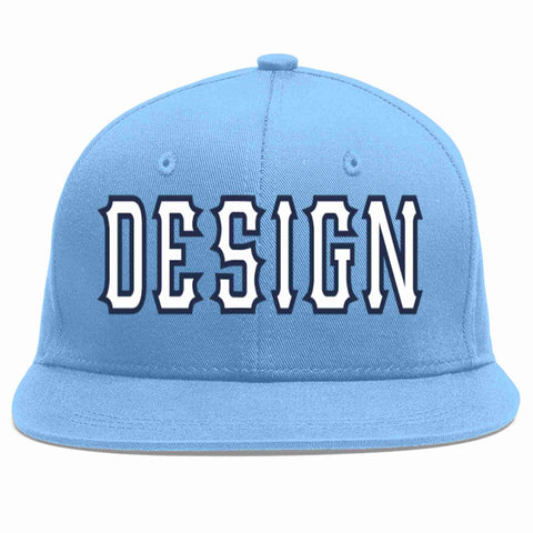 Custom Light Blue White-Navy Flat Eaves Sport Baseball Cap Design for Men/Women/Youth