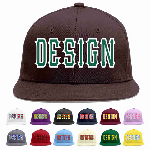 Custom Brown Kelly Green-White Flat Eaves Sport Baseball Cap Design for Men/Women/Youth