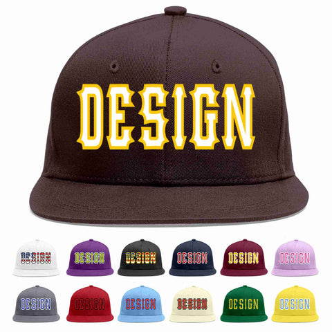Custom Brown White-Gold Flat Eaves Sport Baseball Cap Design for Men/Women/Youth