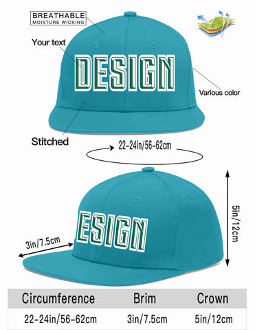 Custom Aqua Kelly Green-White Flat Eaves Sport Baseball Cap Design for Men/Women/Youth