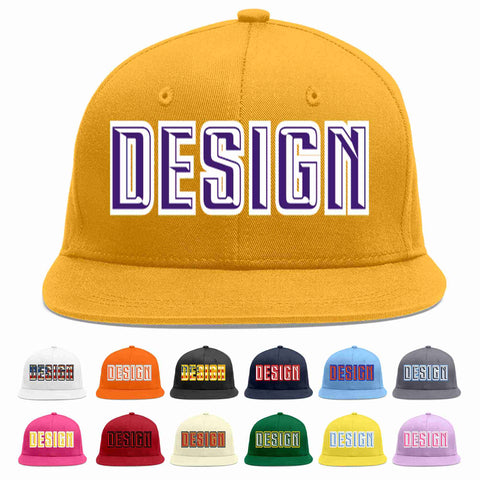 Custom Gold purple-White Flat Eaves Sport Baseball Cap Design for Men/Women/Youth