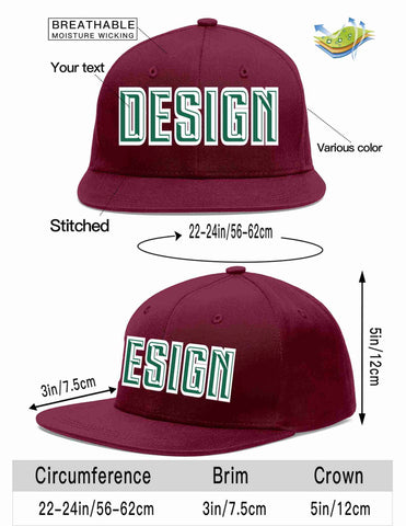 Custom Crimson Kelly Green-White Flat Eaves Sport Baseball Cap Design for Men/Women/Youth