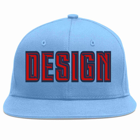 Custom Light Blue Red-Navy Flat Eaves Sport Baseball Cap Design for Men/Women/Youth