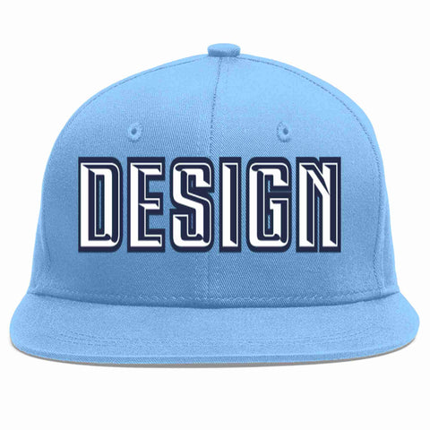 Custom Light Blue White-Navy Flat Eaves Sport Baseball Cap Design for Men/Women/Youth
