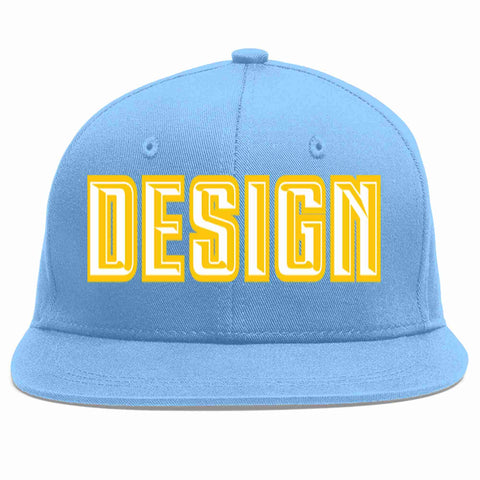 Custom Light Blue White-Gold Flat Eaves Sport Baseball Cap Design for Men/Women/Youth
