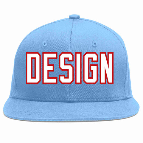 Custom Light Blue White-Red Flat Eaves Sport Baseball Cap Design for Men/Women/Youth