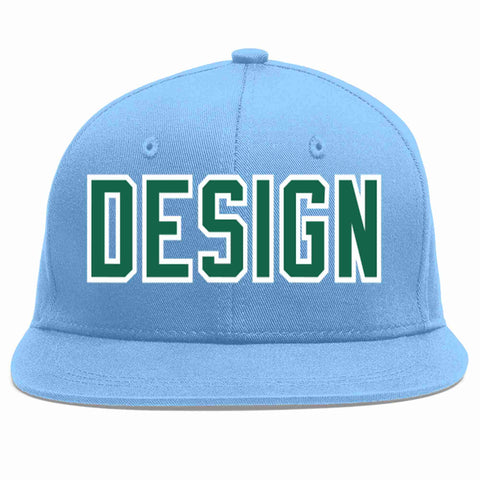 Custom Light Blue Kelly Green-White Flat Eaves Sport Baseball Cap Design for Men/Women/Youth