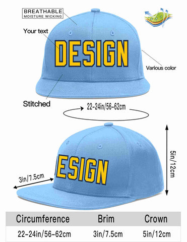 Custom Light Blue Gold-Navy Flat Eaves Sport Baseball Cap Design for Men/Women/Youth