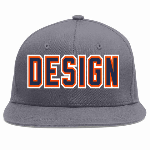Custom Dark Gray Navy-Orange Flat Eaves Sport Baseball Cap Design for Men/Women/Youth