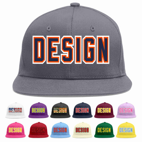 Custom Dark Gray Navy-Orange Flat Eaves Sport Baseball Cap Design for Men/Women/Youth