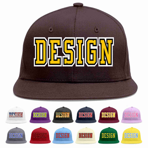 Custom Brown Gold-Black Flat Eaves Sport Baseball Cap Design for Men/Women/Youth