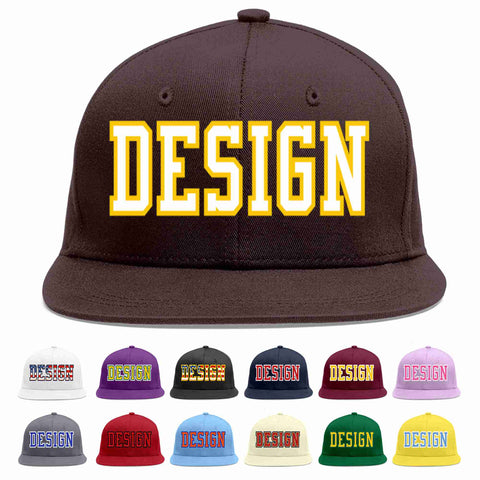 Custom Brown White-Gold Flat Eaves Sport Baseball Cap Design for Men/Women/Youth
