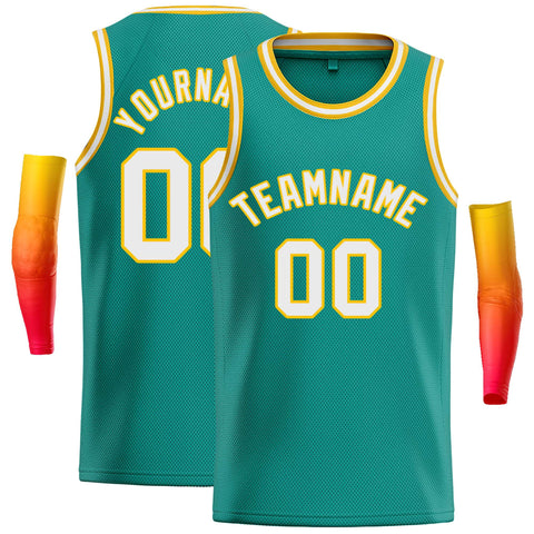 Custom Teal White-Yellow Classic Tops Casual Basketball Jersey