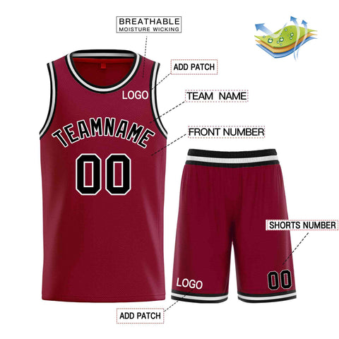 Custom Maroon Black-White Classic Sets Curved Basketball Jersey