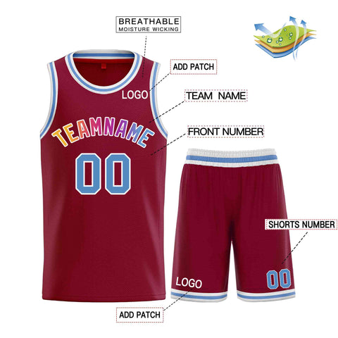 Custom Maroon Powder Blue-White Classic Sets Curved Basketball Jersey