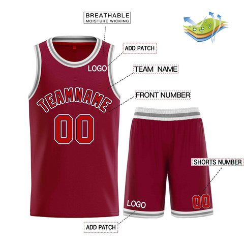 Custom Maroon Red-White Classic Sets Curved Basketball Jersey