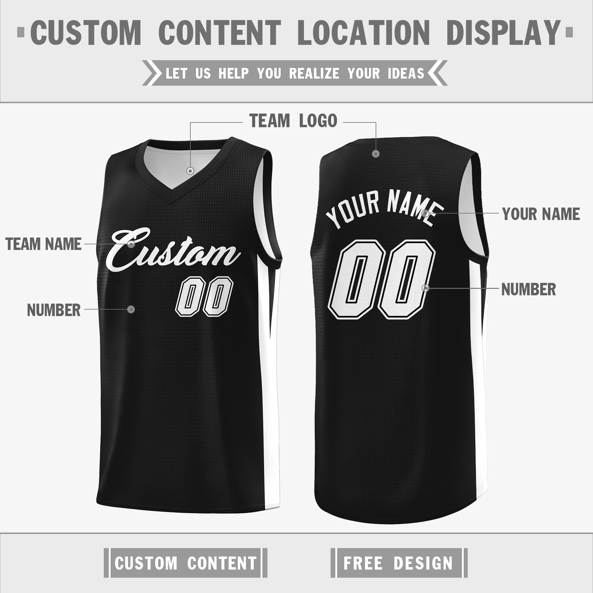 Custom Black White Double Side Tops Athletic Basketball Jersey