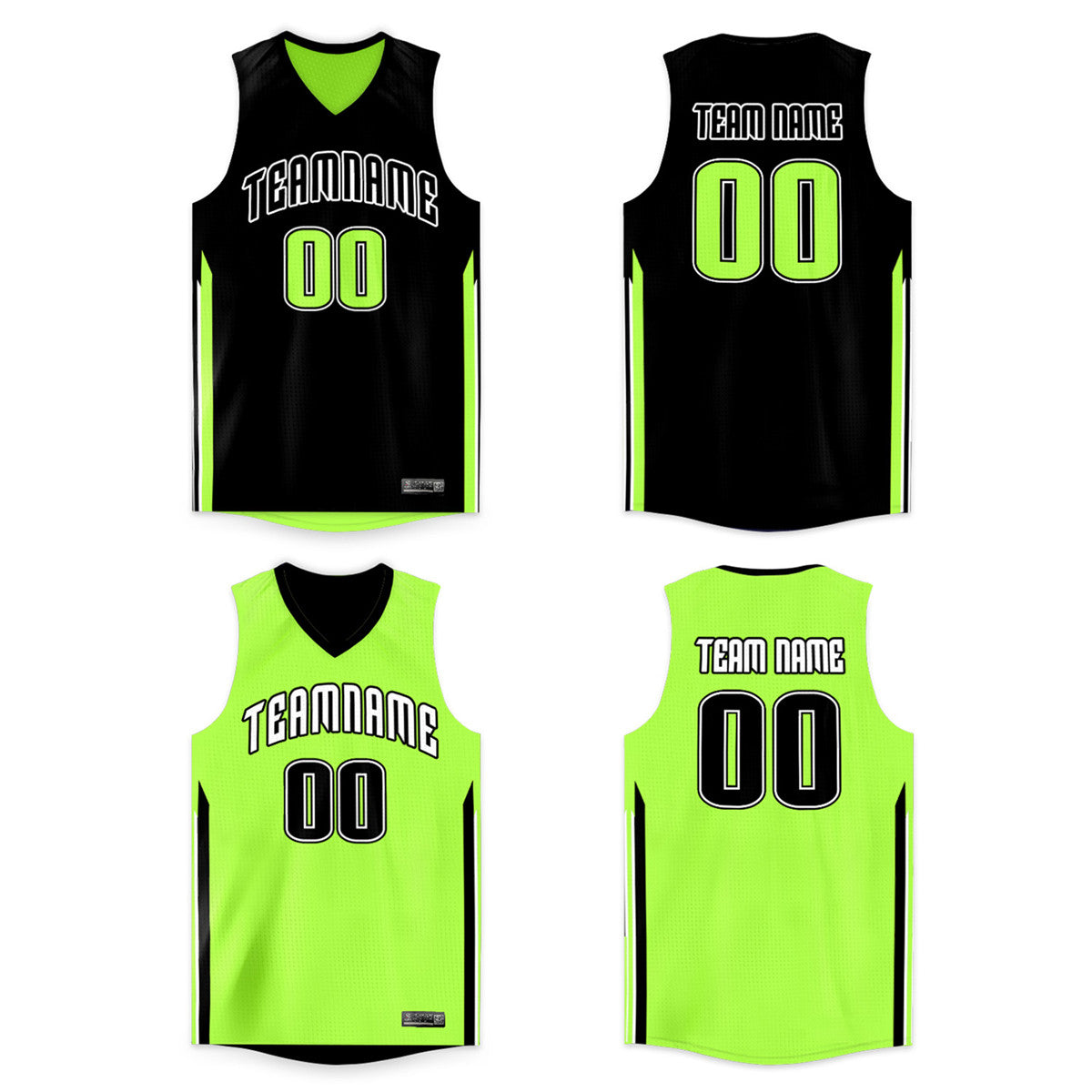 Custom Team White Basketball Black Rib-Knit Jersey Neon Green