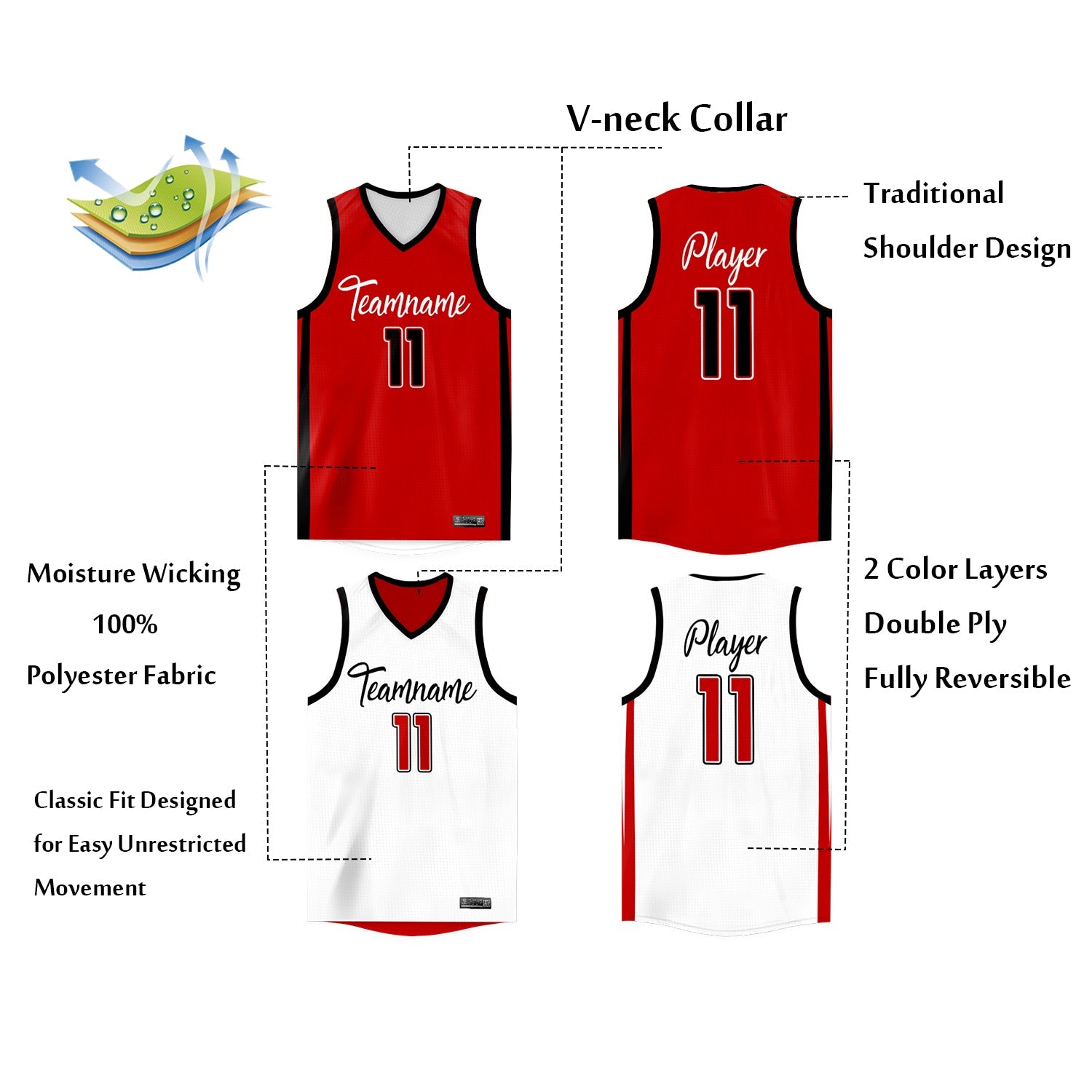 custom red and white reversible basketball tops