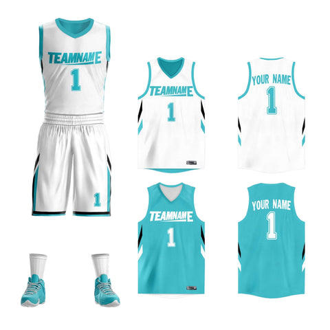 custom white and aqua reversible basketball jersey